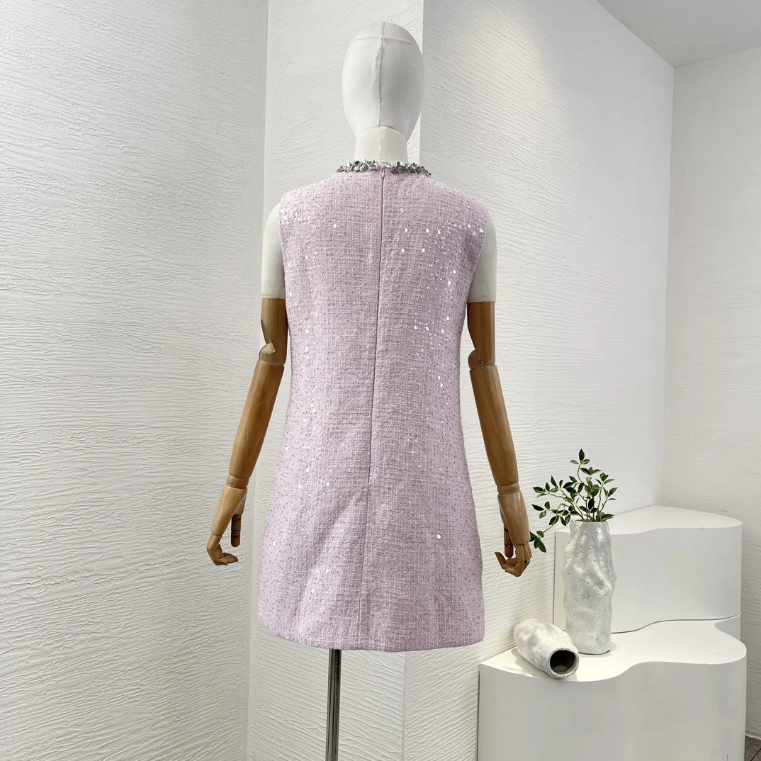 New Daily Office Lady Diamonds Sequins Pink Sleeveless Beading Mini Women‘s Dress - Image 2