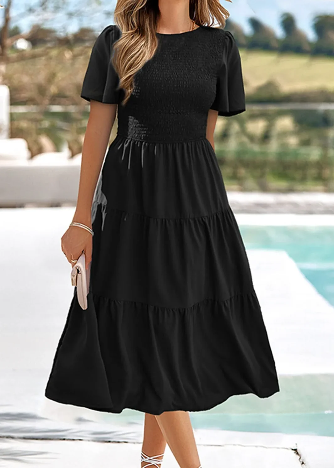 Summer Dresses For Women Clothing 2023 Casual Flutter Short Sleeve V Neck Smocked Elastic Waist Tiered Midi Dress Dropshiping