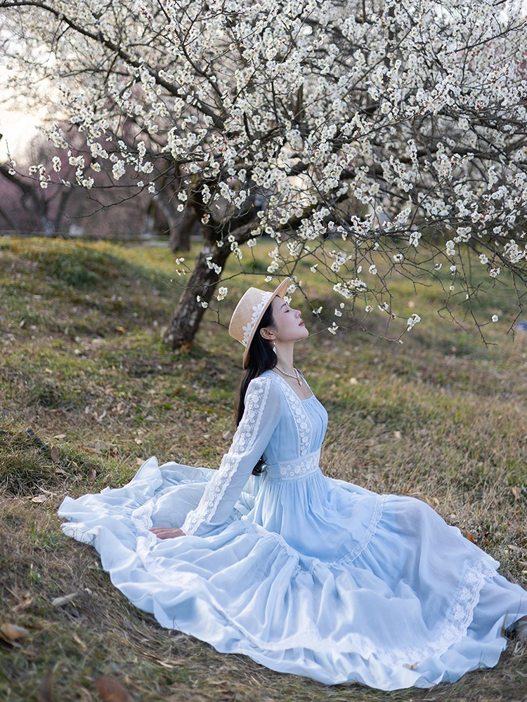 TIYIHAILEY Long Maxi Lace Women Ladies Dress Full Sleeve Fashion Dresses Blue White 2025 New Size S-XL Spring Autumn Summer