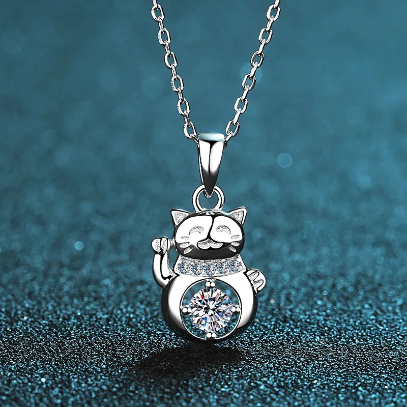 18K white gold platinum pt950 0.3ct moissanite cat pendant necklace for women high polished finish jewelry
