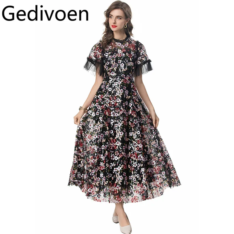Gedivoen Summer Fashion Runway Designer Dresses Women's Bohemian Flowers Sequins Net Yarn Ruffles Gorgeous Dresses Sizes S-4XL
