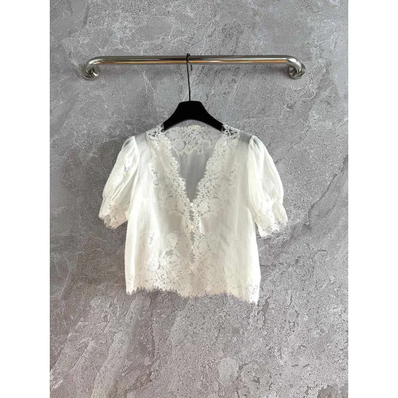 Sexy 2025 New Summer Women Collection Lace Patchwork High Quality Hollow Out White Top
