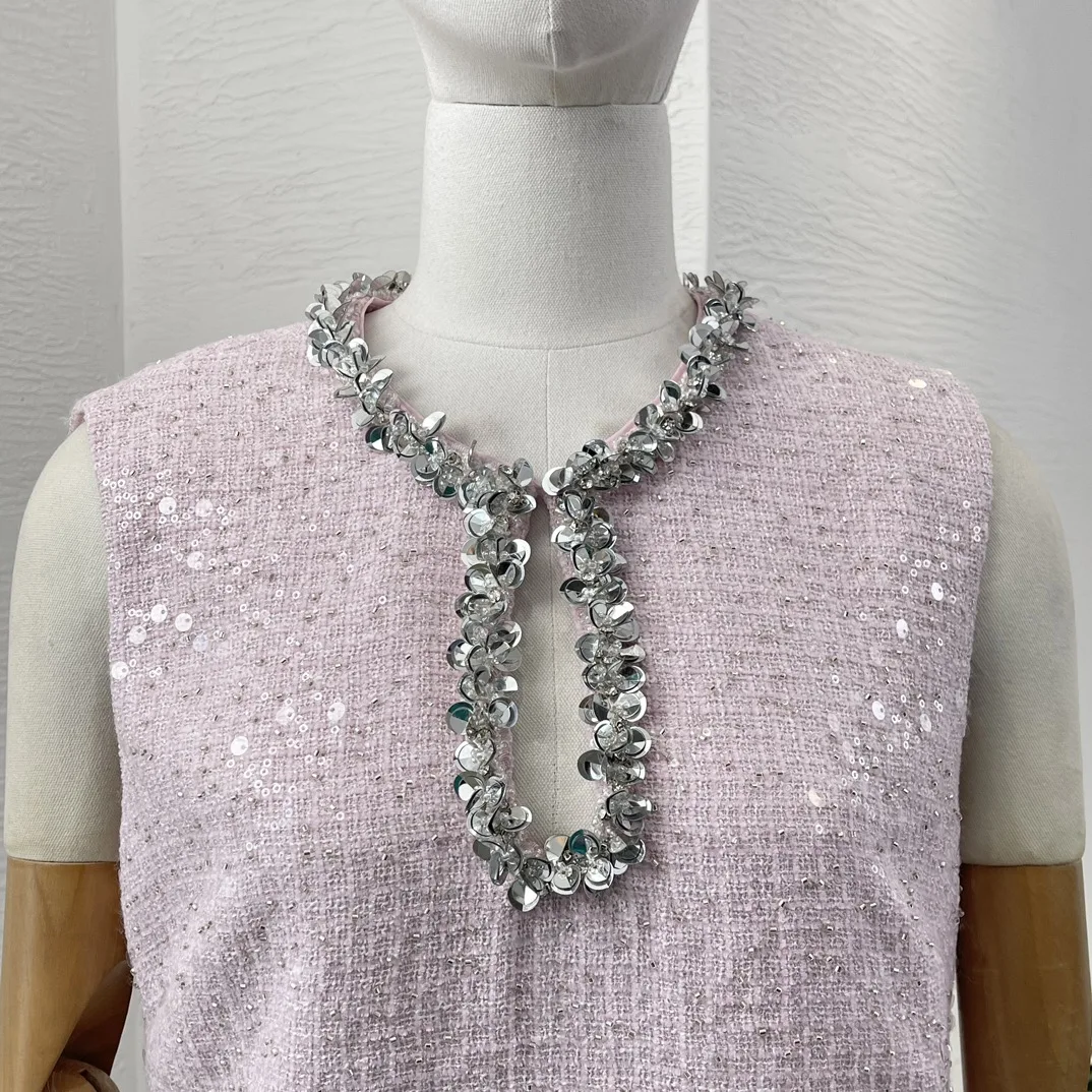 New Daily Office Lady Diamonds Sequins Pink Sleeveless Beading Mini Women‘s Dress - Image 4
