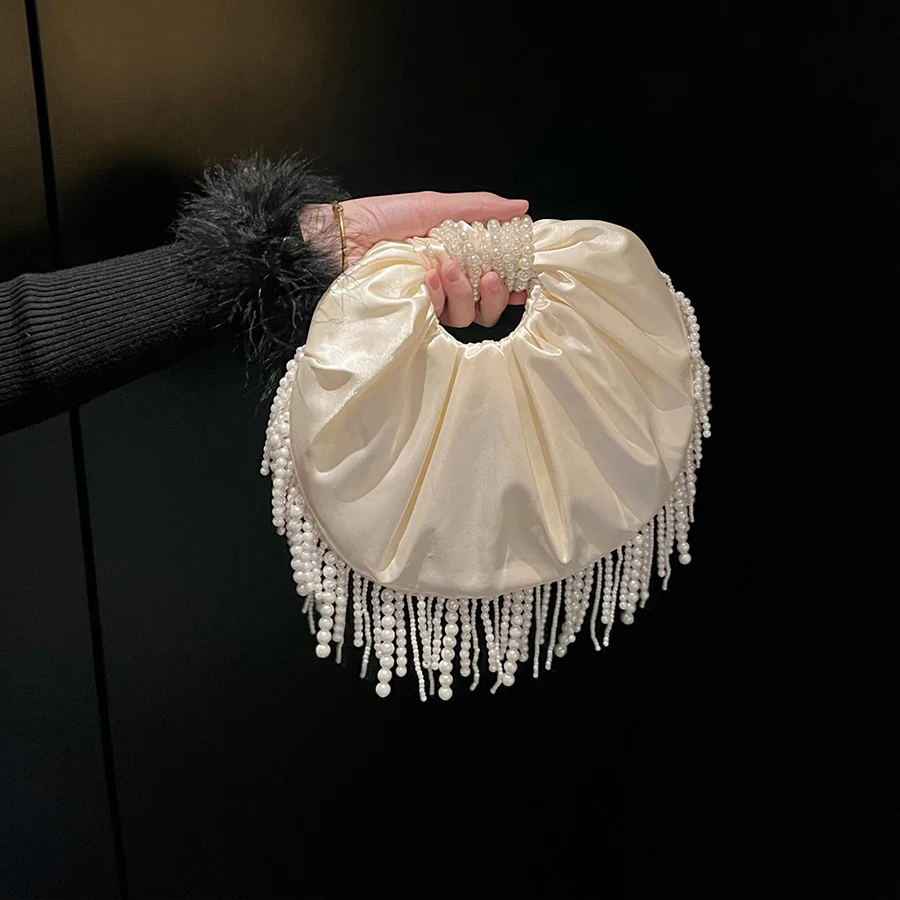 Vintage Bead fringe Cloud bag satin fringe round phone tote One hand clutch Dinner bag luxury prom wedding dinner handbags bolsa
