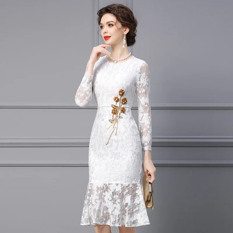 White dress new women’s spring high-grade lace drill slim mid-length fish tail dresses 24036 - Image 3