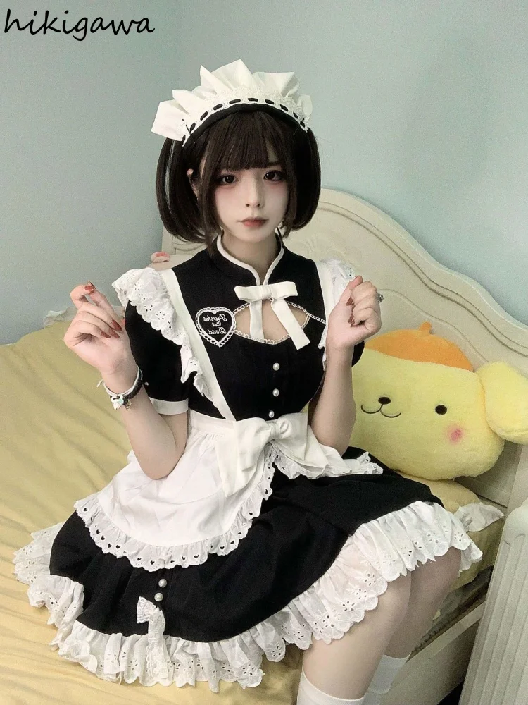Japanese Woman Dress Vestidos De Mujer Lolita Style Stand Neck Hollow Out Lace Sweet Bow A-line Dresses Summer Robe Femme - Image 5
