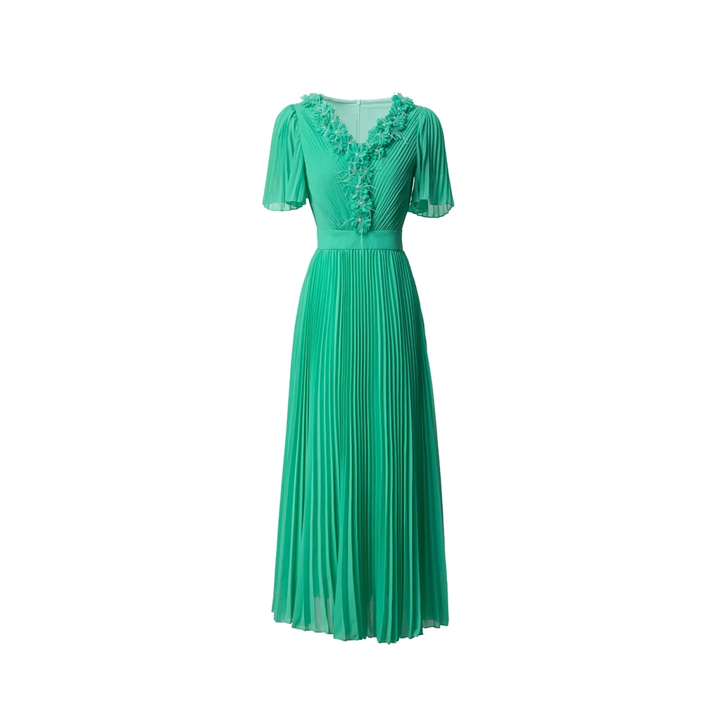 Meyyithun Women's Dress V-neck Short Sleeved Handmade Feather Nail Flowers Pleated Dress Party Dress Women‘s clothing 250320Z01