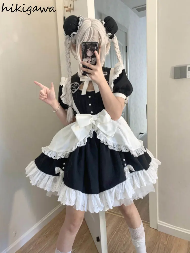 Japanese Woman Dress Vestidos De Mujer Lolita Style Stand Neck Hollow Out Lace Sweet Bow A-line Dresses Summer Robe Femme - Image 3