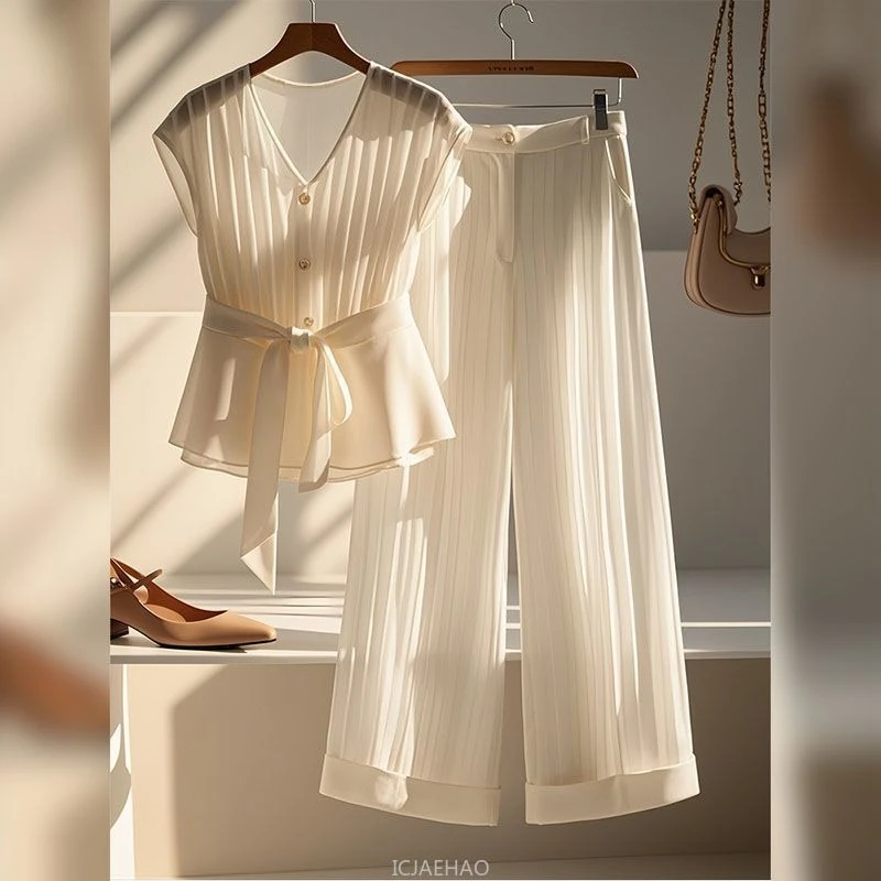 2025 Women's New Fashion Office Lady Suit V-Neck Lace Up Blouses And High Waist Pleated Wide Leg Pants Two Piece Sets Summer