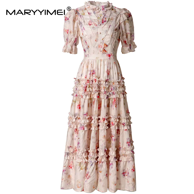 MARYYIMEI Vintage Print Edible Tree Fungus Edge Women's Dress Button Puff Sleeve High waist Striped A-Line S-3XL Dresses