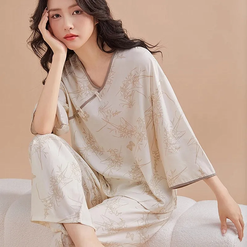 Fashion Print Women‘s Pajamas Set Casual Cotton Rayon Sleepwear Spring Autumn Home Clothing Retro Style Nightwear Pijama Mujer