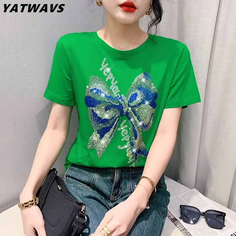 S-3XL Cotton Short-Sleeved T-shirt Women's Summer New Bow Shinny Diamonds O Neck Female Clothing Fashion Streetwear Tees Top
