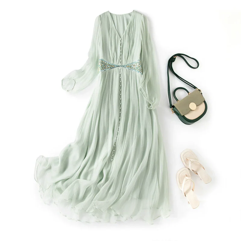 Birdsky, 1PC Women dress V neck embroidery body button front beading waist 100% real mulberry silk pink color, S-1024