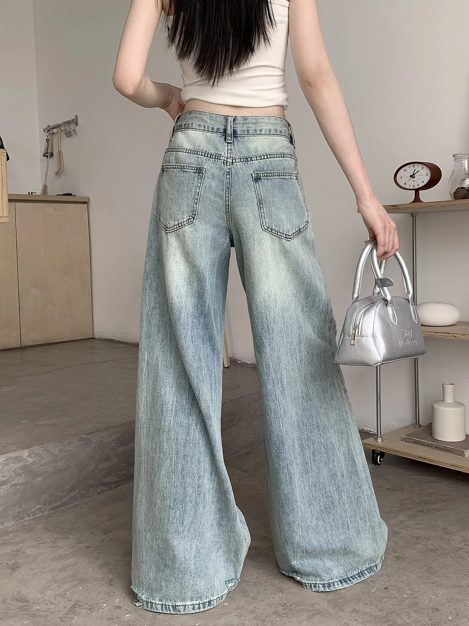 S-XL Spring Autumn women Low Waist Flared jeans streetwear trousers Loose Light Blue denim pants womens (HJ8033 - Image 2
