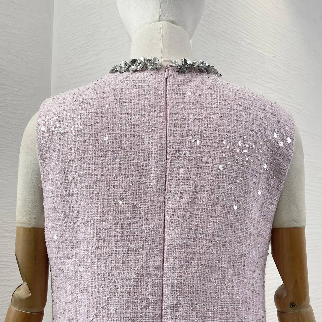 New Daily Office Lady Diamonds Sequins Pink Sleeveless Beading Mini Women‘s Dress - Image 5