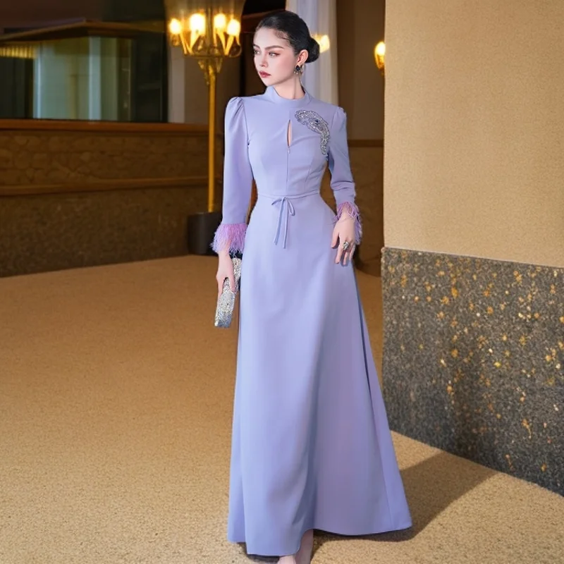 Meyyithun Spring Women's Dress Long Sleeve Slim Elegant Long Dress size S to XXL Purple and Red