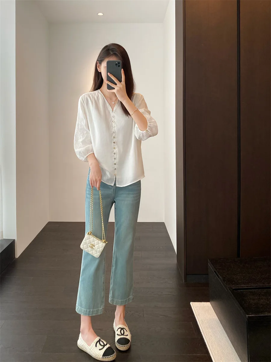 Quality cotton and linen women's clothing 100 ramie heavy industry embroidered shirt V-neck shirt