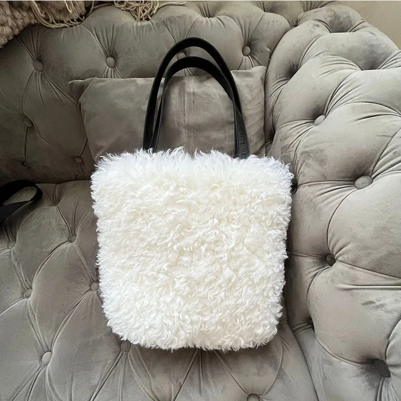 Solid Color Real Fur Wool Handbag Luxury Casual Tote Bag Women's Large Capacity Winter Straps Girls Fashion Top Clutch