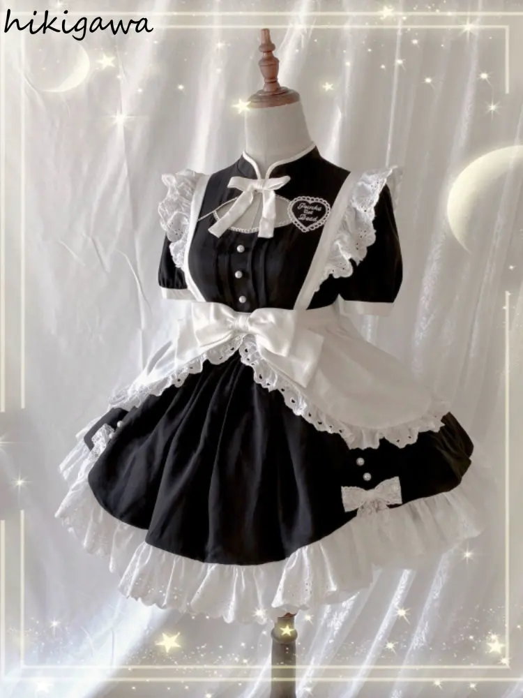 Japanese Woman Dress 2025 Vestidos De Mujer Lolita Style Stand Neck Hollow Out Lace Sweet Bow A-line Dresses Summer Robe Femme