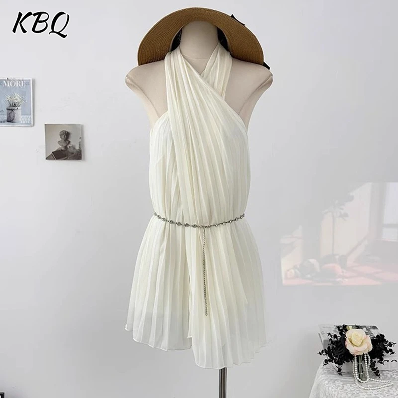 KBQ Solid Patchwork Metal Tunic Chic Dress For Women Halter Sleeveless Minimalist Sheer Folds Casual Dress Female Fashion Style
