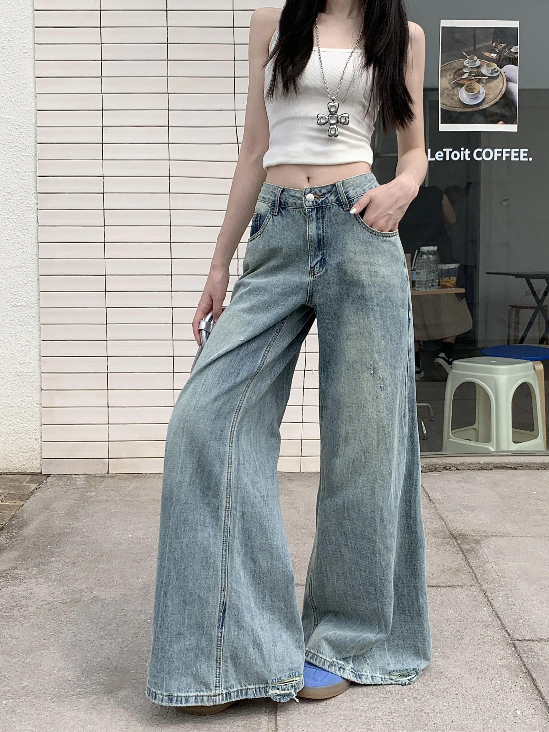 S-XL Spring Autumn women Low Waist Flared jeans streetwear trousers Loose Light Blue denim pants womens (HJ8033 - Image 3