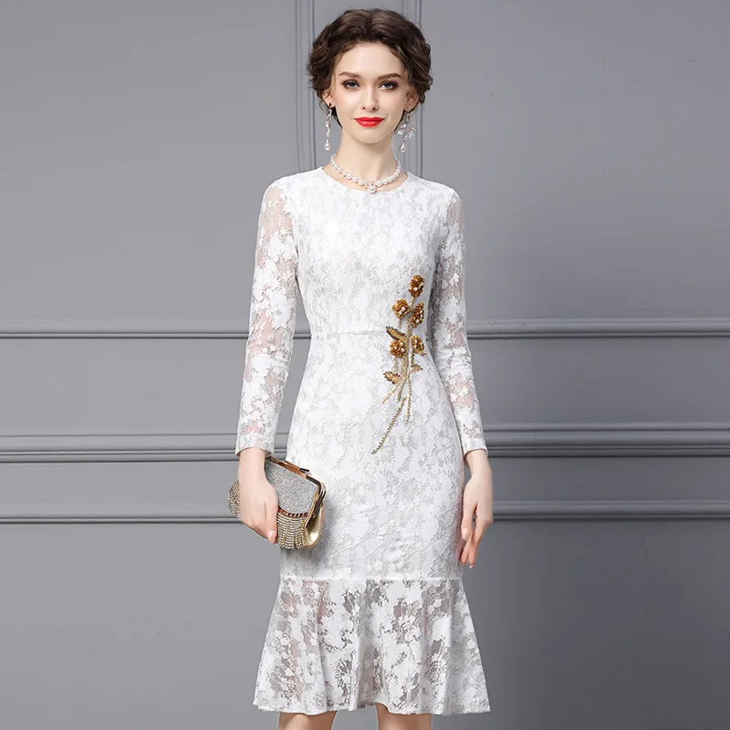 White dress 2024 new women’s spring high-grade lace drill slim mid-length fish tail dresses 24036