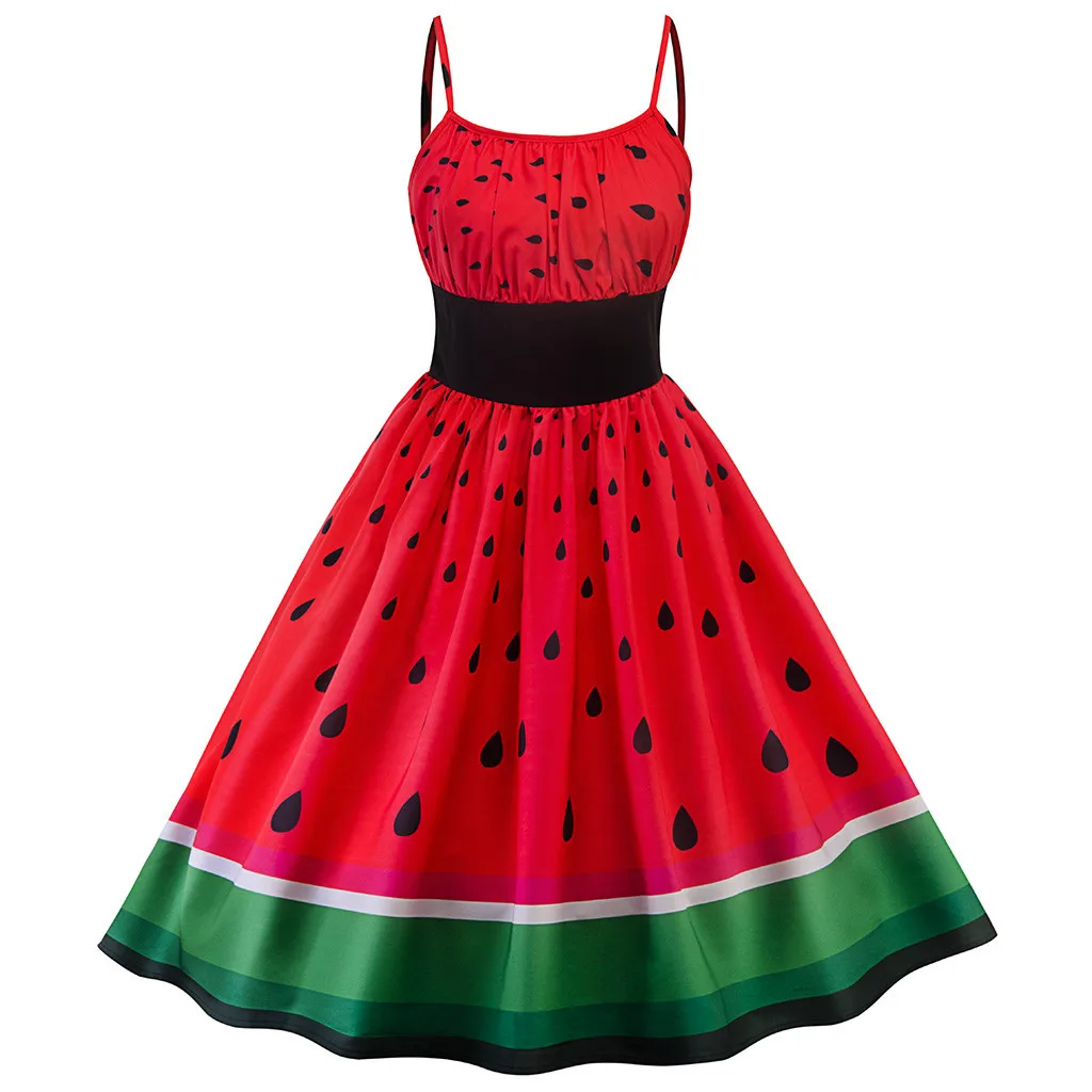 Women Watermelon Printing Party Dress Off Shoulder Slip A-Shaped Swing Skirt Sweet New Products In Spring Summer Dress 2024