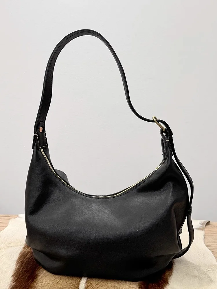 casual designers hand-made high-quality genuine leather women's black shoulder bag outdoor daily cowhide ladies black tote bag
