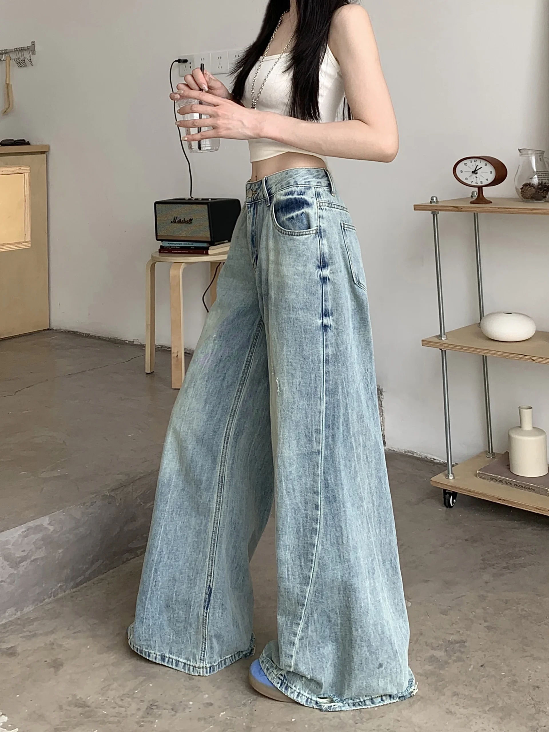 S-XL Spring Autumn women Low Waist Flared jeans streetwear trousers Loose Light Blue denim pants womens (HJ8033 - Image 4