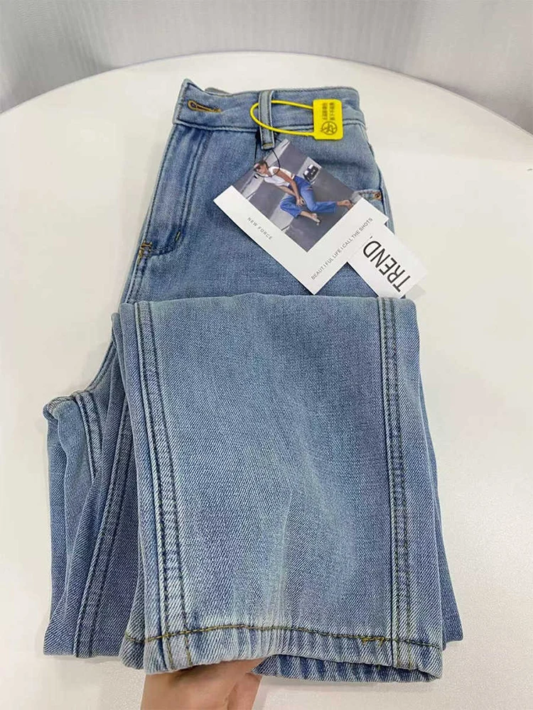 Women's Blue Add Plush Denim Trousers Oversized High Waist Wide Leg Thicken Pants Female Straight Fleece Jeans S-3xl