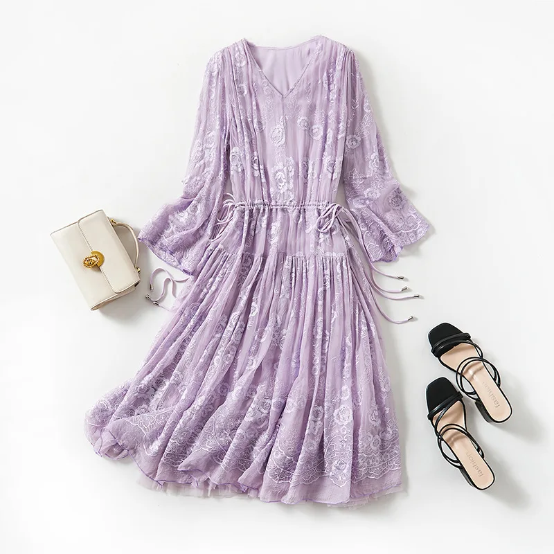 Birdsky, 1PC Women dress V neck embroidery body 100% real mulberry silk Lavender color, S-887