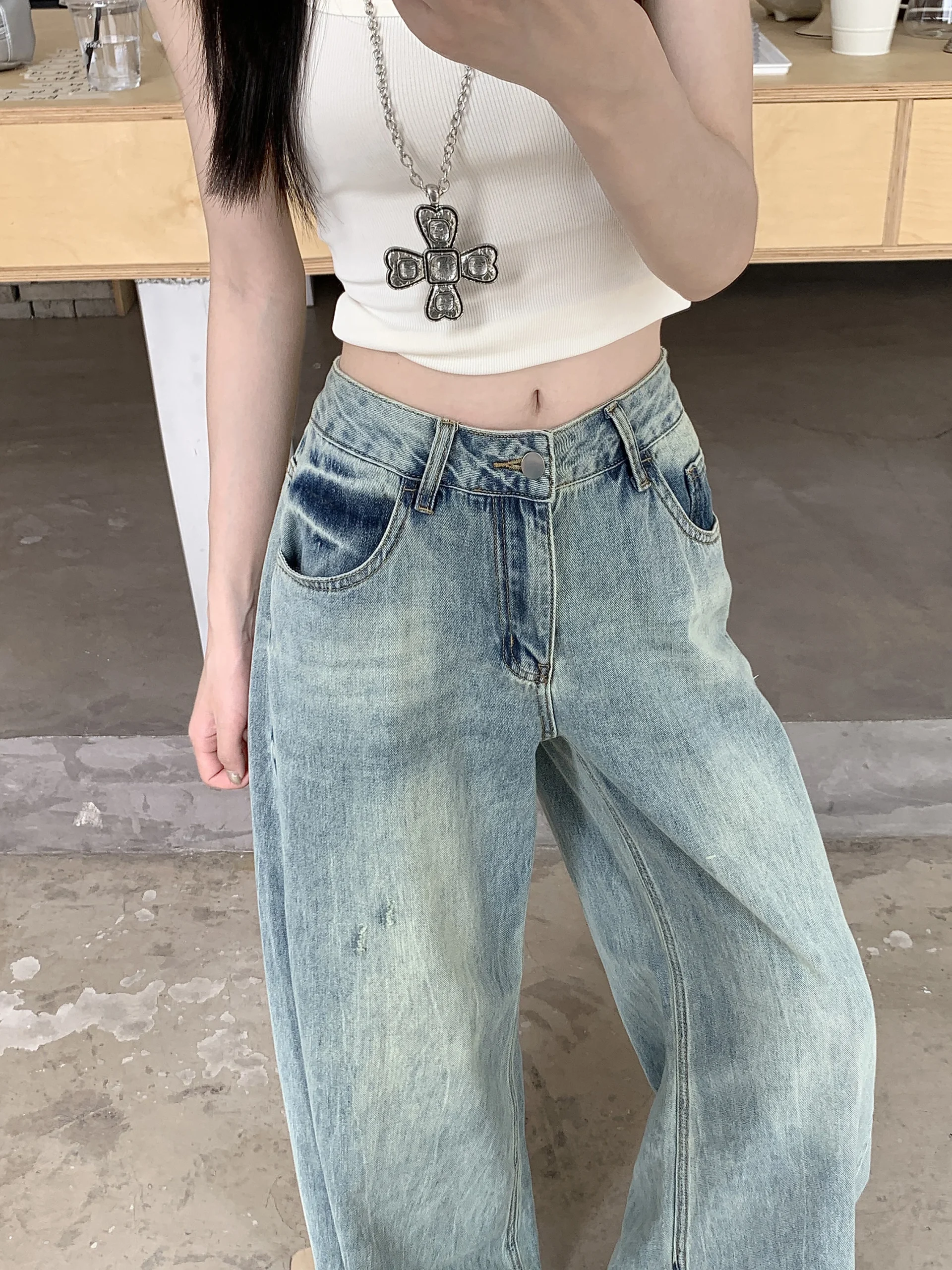 S-XL Spring Autumn women Low Waist Flared jeans streetwear trousers Loose Light Blue denim pants womens (HJ8033 - Image 6