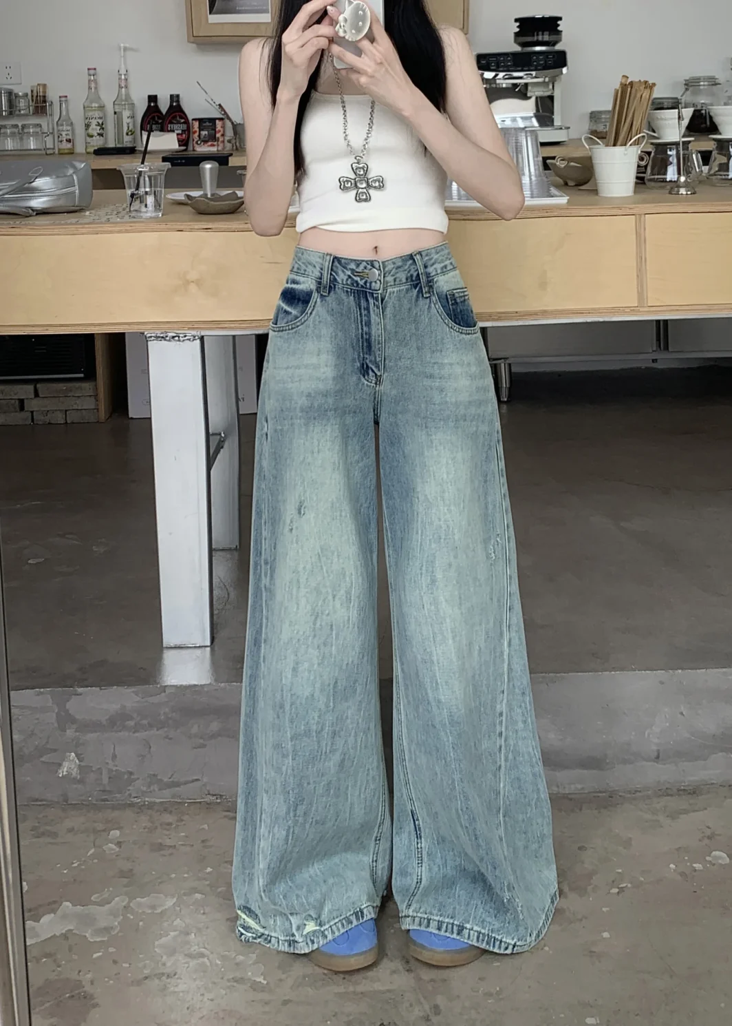 S-XL 2025 Spring Autumn women Low Waist Flared jeans streetwear trousers Loose Light Blue denim pants womens (HJ8033