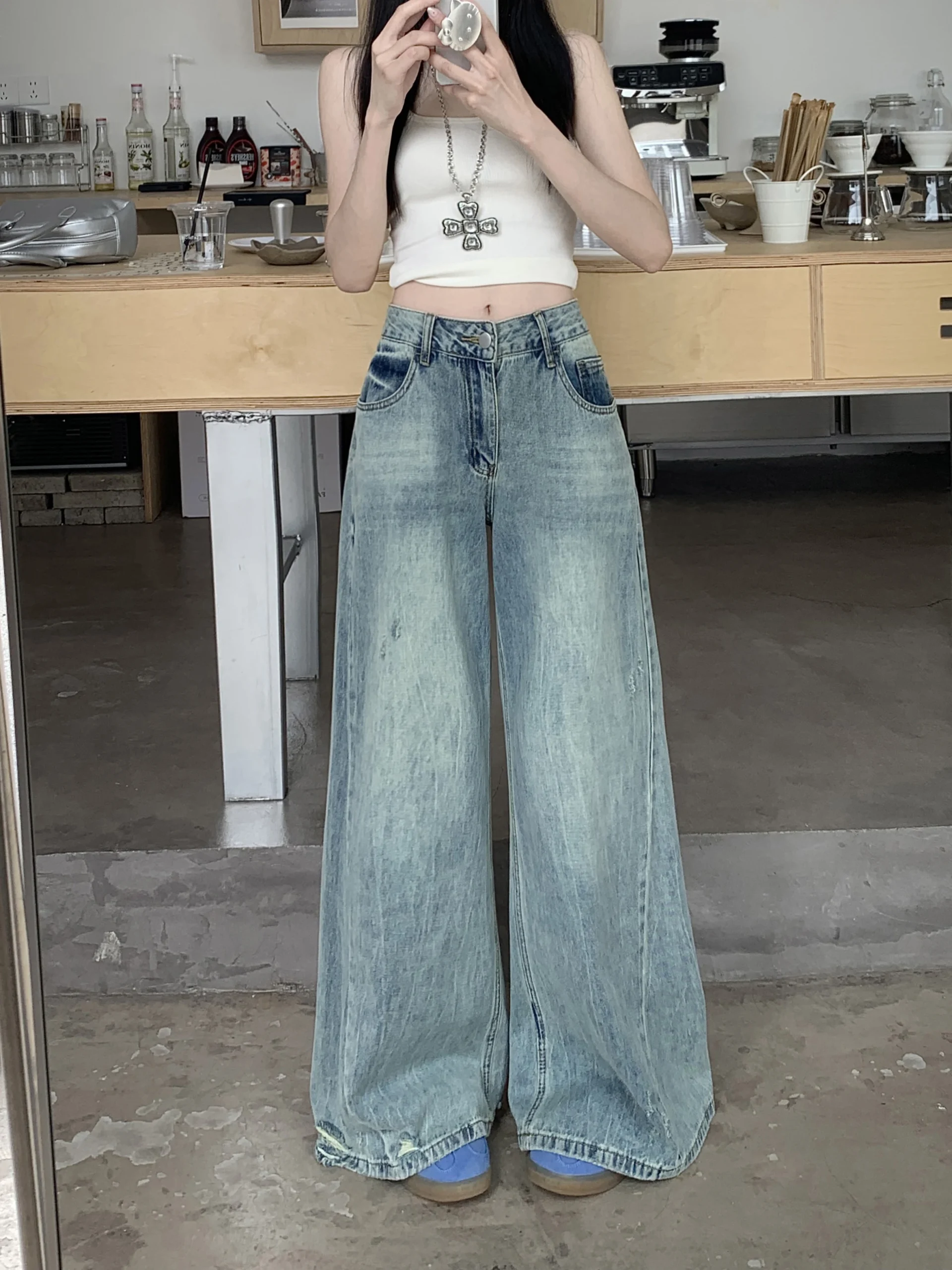 S-XL Spring Autumn women Low Waist Flared jeans streetwear trousers Loose Light Blue denim pants womens (HJ8033