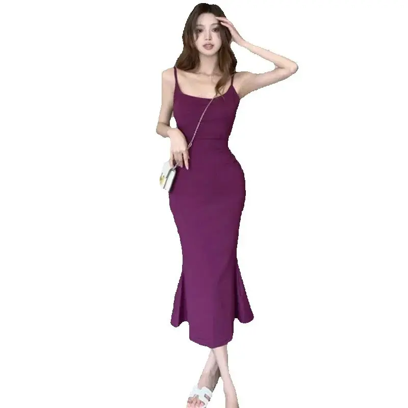 Summer Sexy Purple red Dress Women Streetwear Sleeveless Backless Solid Spaghetti Strap Casual Elegant Party Dresses