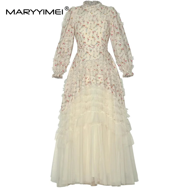 MARYYIMEI Fashion design Women's Ball Gown Dress Long-Sleeved Appliques Floral Slim New Fashion Big Swing S-3XL Dresses