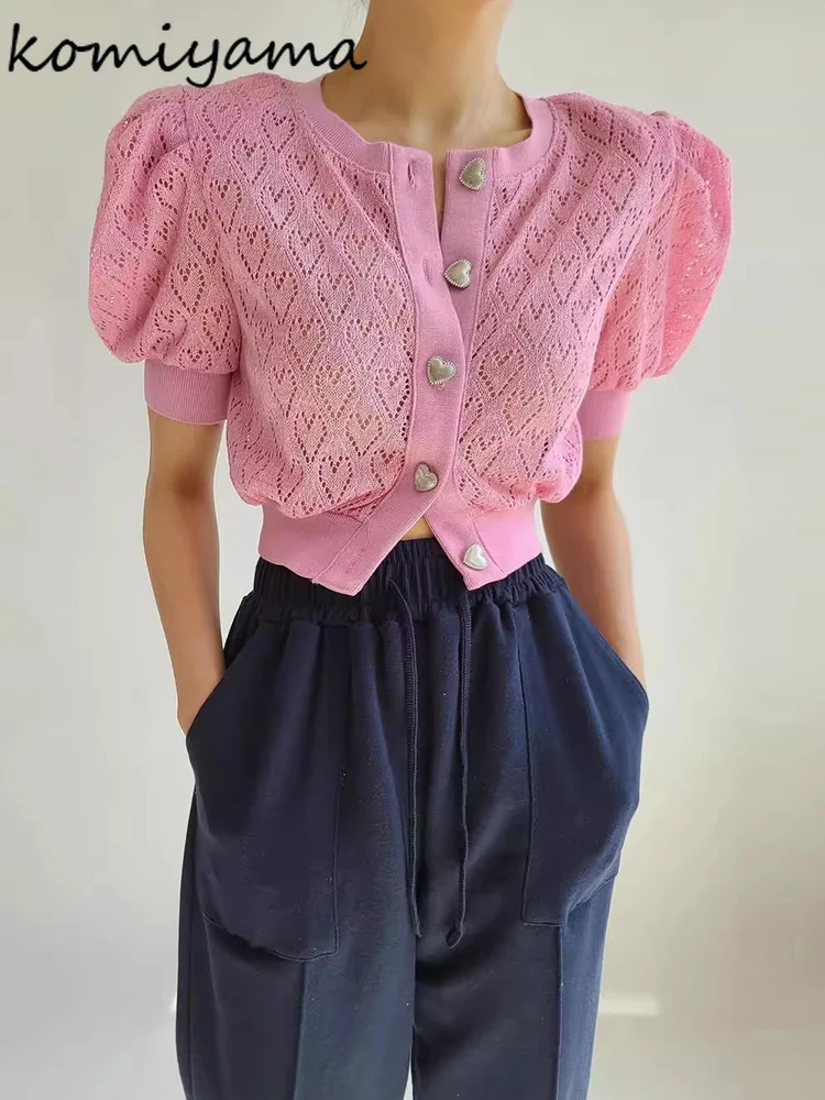Love Heart Knit Cardigan Hollow Out Outerwears Puff Short Sleeve Sweater Sweet O-neck Women Clothing Summer New Cardigans