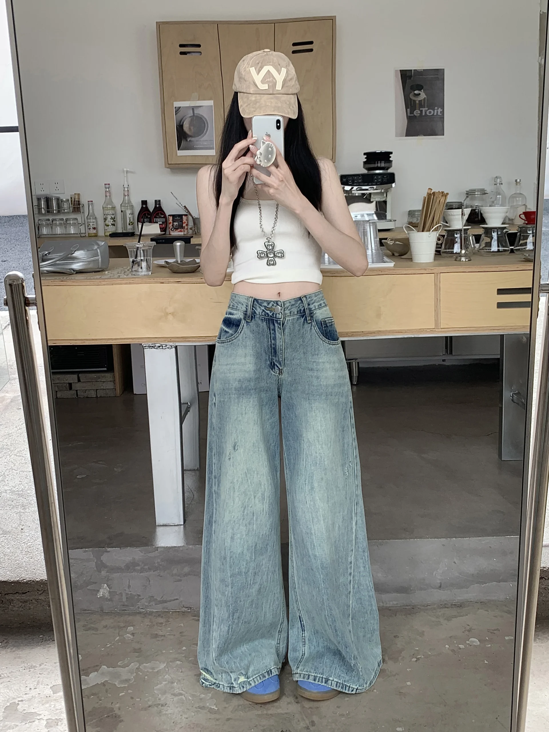 S-XL Spring Autumn women Low Waist Flared jeans streetwear trousers Loose Light Blue denim pants womens (HJ8033 - Image 5