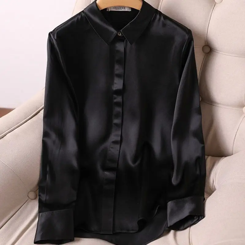 Light luxury heavy mulberry silk shirt women's autumn new solid color silk shirt long sleeve professional top stacked wear