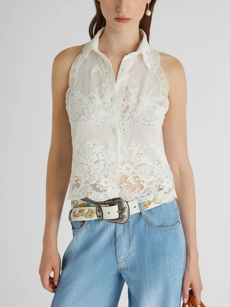 Women`s Handmade Lace Applique Cotton Vest Shirt Three-Dimensional Flower Cutting Embroidery Romantic Luxury Elegant Blouse Top