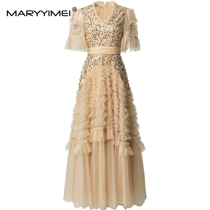 MARYYIMEI Fashion design Women Dress Flare Sleeved V-Neck Beading Sequins High waist Fungus Ball Gown S-4XL Dresses