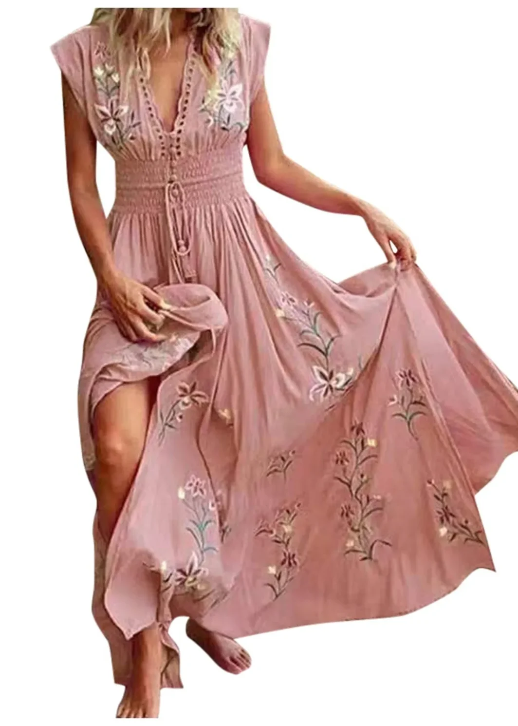 Beach Boho Dress Women Ruffled V-Neck Floral Vintage High Waist A-Line Long Dress Sleeveless Lace Up Jacquard Maxi Sundress