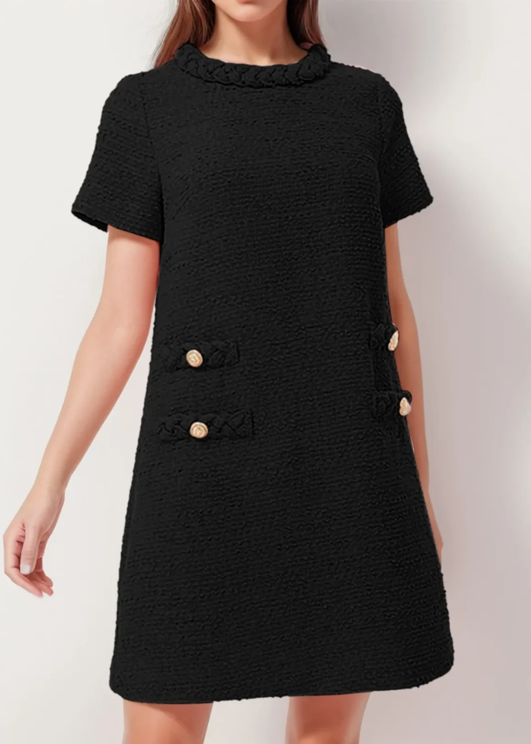 Women Sweet French Style Short Dresses Elegant Tweed Solid Color Button Up Pullover Midi Dress Office Lady Short Formal Dresses
