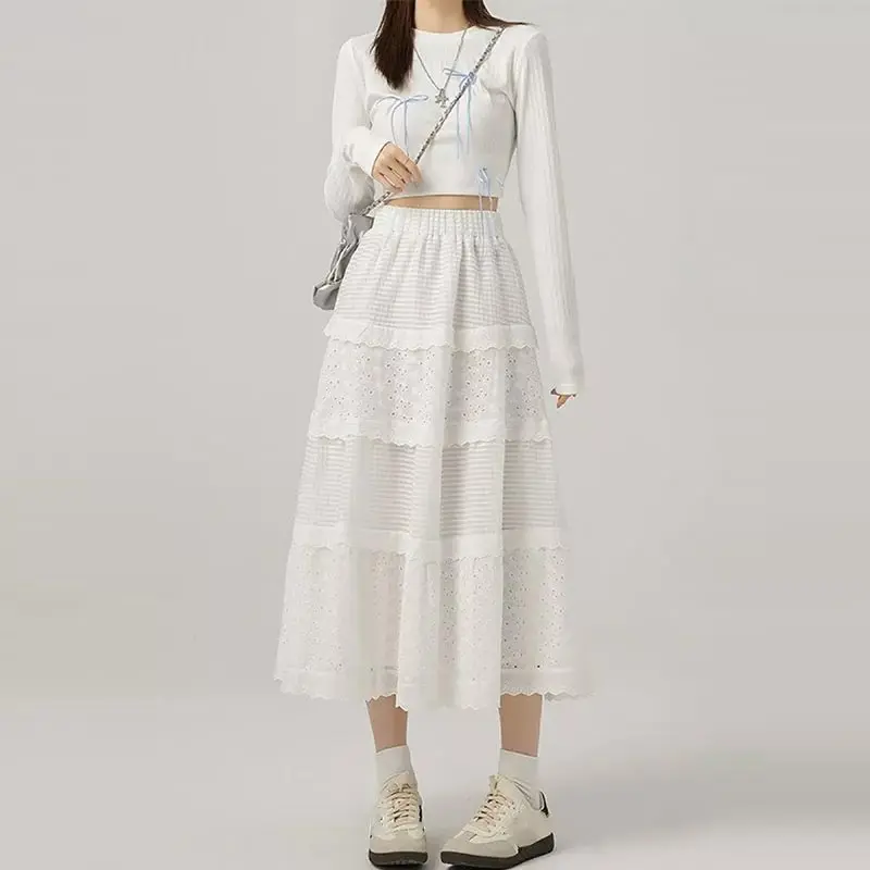 Women’s Lace Midi Skirt White Elastic Waist A Line Cake Skirts Y2k Sweet Style Korean Fashion Clothing Spring Summer