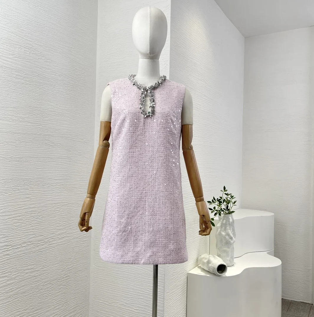 2024 New Daily Office Lady Diamonds Sequins Pink Sleeveless Beading Mini Women‘s Dress