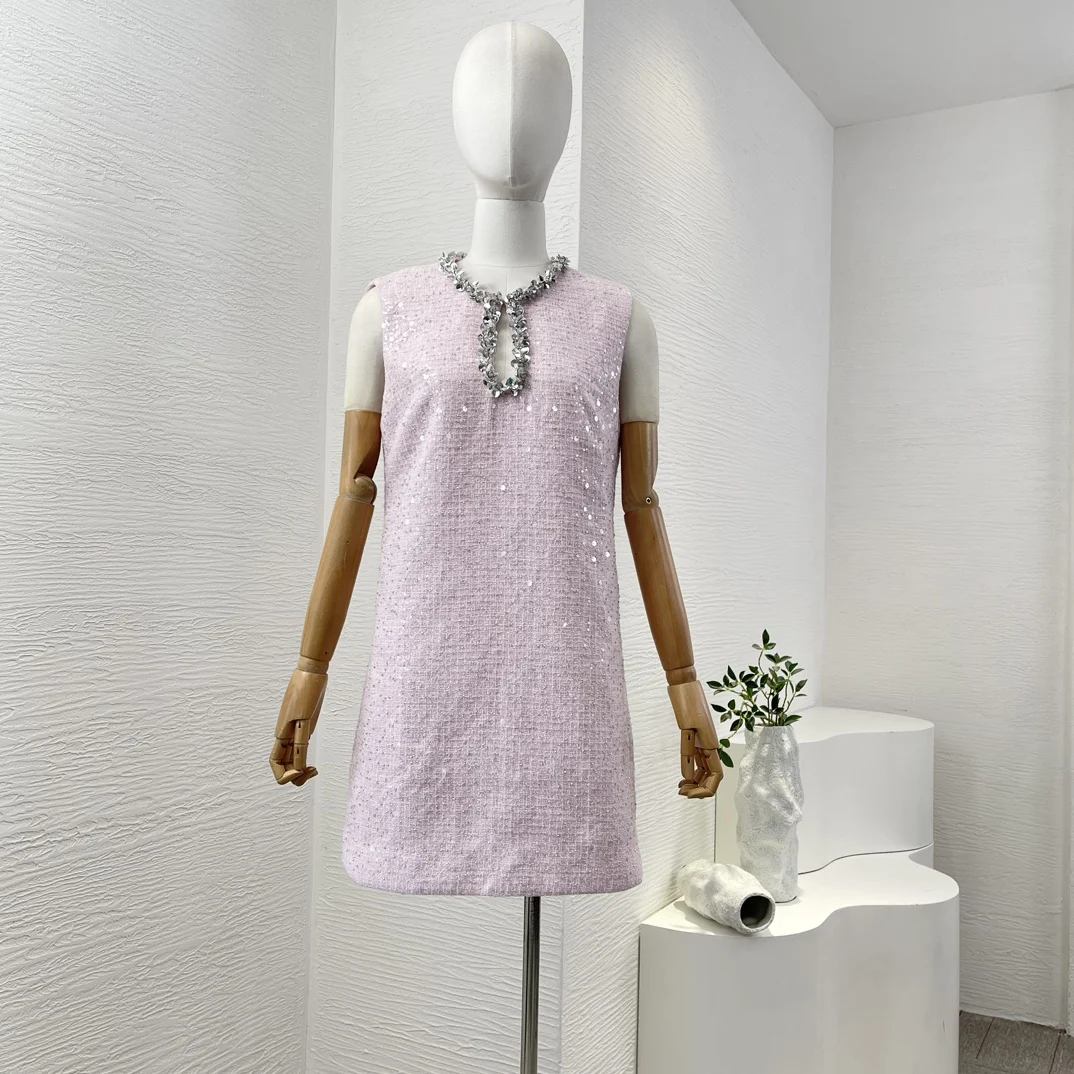 New Daily Office Lady Diamonds Sequins Pink Sleeveless Beading Mini Women‘s Dress