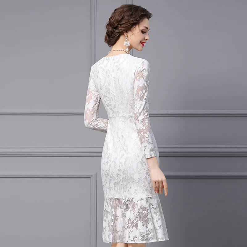 White dress new women’s spring high-grade lace drill slim mid-length fish tail dresses 24036 - Image 5