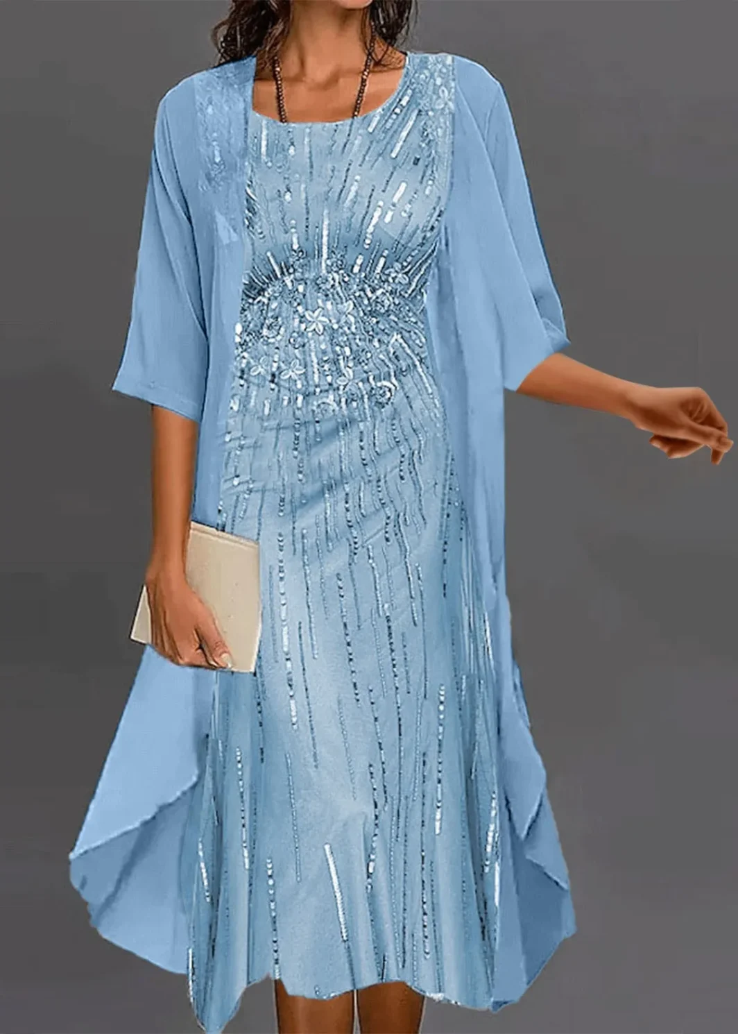 Two Piece Set Elegant Chiffon Dresses For Women O-Neck Sequins Loose Wedding Party Banquet Prom Women Casual Clothing