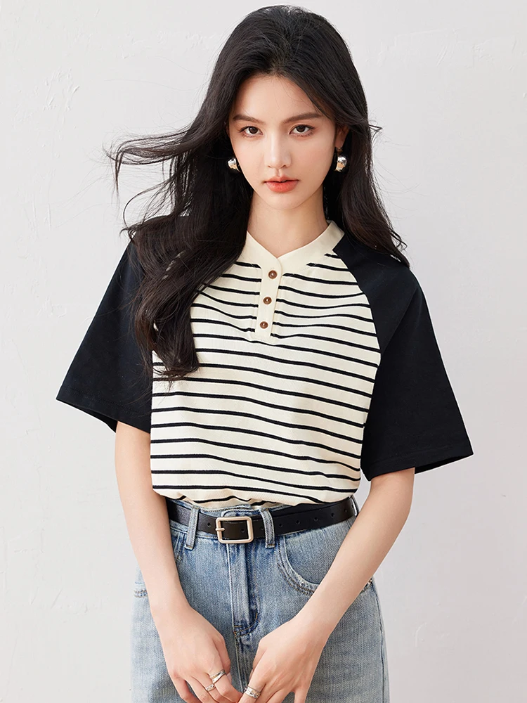 Women Elegant O Neck Short Sleeve T-shirt Korean Fashion Summer New Loose Casual Striped T-shirt Niche Design Tops