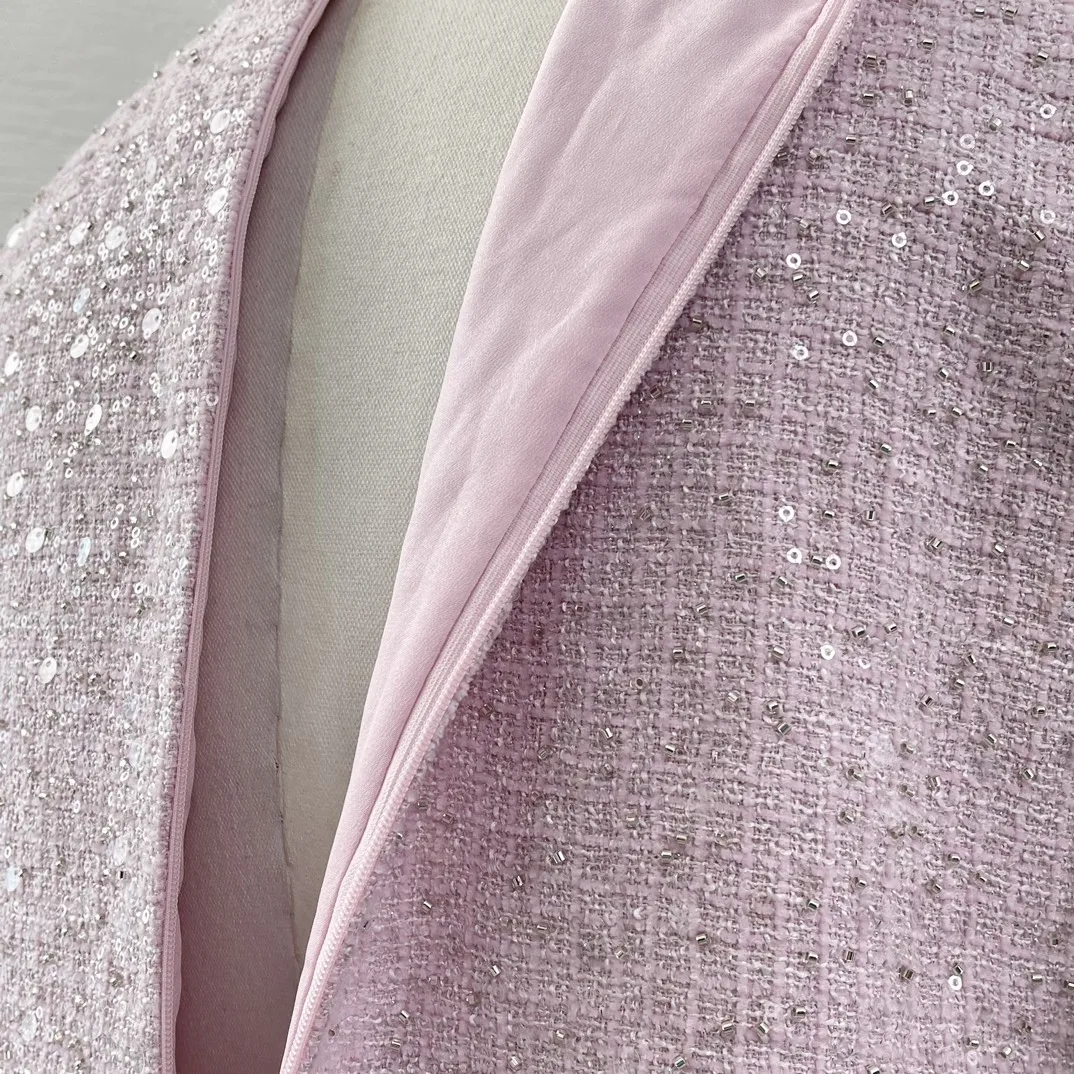 New Daily Office Lady Diamonds Sequins Pink Sleeveless Beading Mini Women‘s Dress - Image 6